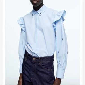 ZARA Jewel Ruffled Sky Blue Shirt Button Down Blouse